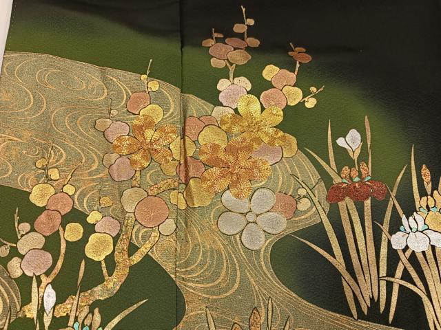 平和屋着物●豪華黒留袖　駒刺繍　流水草花文　金銀彩　正絹　逸品　AABH6828ph