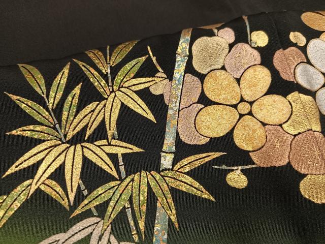 平和屋着物●豪華黒留袖　駒刺繍　流水草花文　金銀彩　正絹　逸品　AABH6828ph