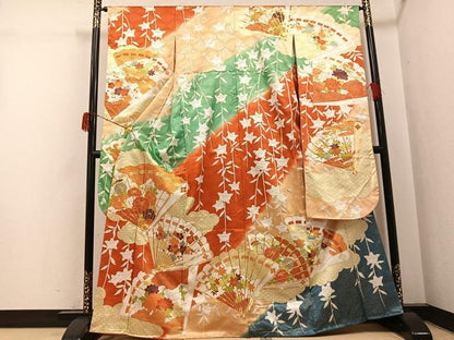 平和屋着物●豪華振袖　駒刺繍　檜扇花文　金彩　正絹　逸品　AABH6829ph