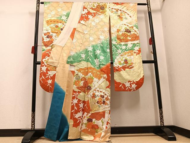 平和屋着物●豪華振袖　駒刺繍　檜扇花文　金彩　正絹　逸品　AABH6829ph