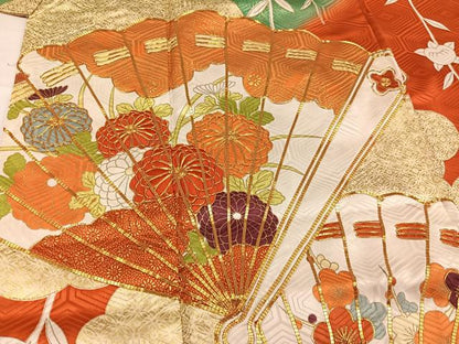 平和屋着物●豪華振袖　駒刺繍　檜扇花文　金彩　正絹　逸品　AABH6829ph