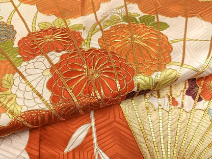 平和屋着物●豪華振袖　駒刺繍　檜扇花文　金彩　正絹　逸品　AABH6829ph