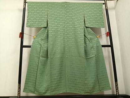 平和屋着物●上質な色無地　向かい鶴地紋　老竹色　正絹　逸品　未使用　AABH6835ph