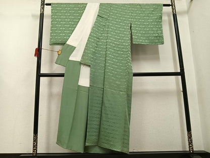 平和屋着物●上質な色無地　向かい鶴地紋　老竹色　正絹　逸品　未使用　AABH6835ph