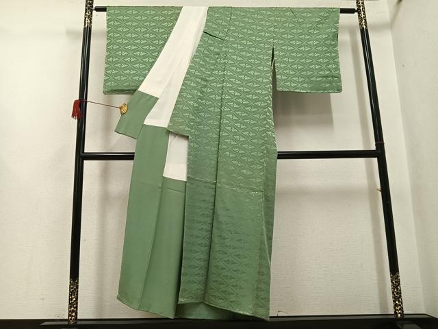 平和屋着物●上質な色無地　向かい鶴地紋　老竹色　正絹　逸品　未使用　AABH6835ph