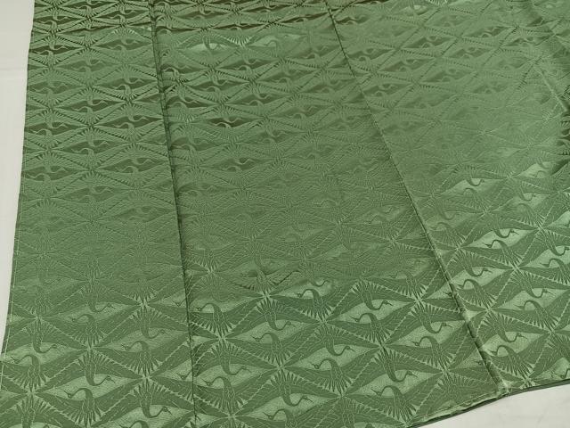 平和屋着物●上質な色無地　向かい鶴地紋　老竹色　正絹　逸品　未使用　AABH6835ph
