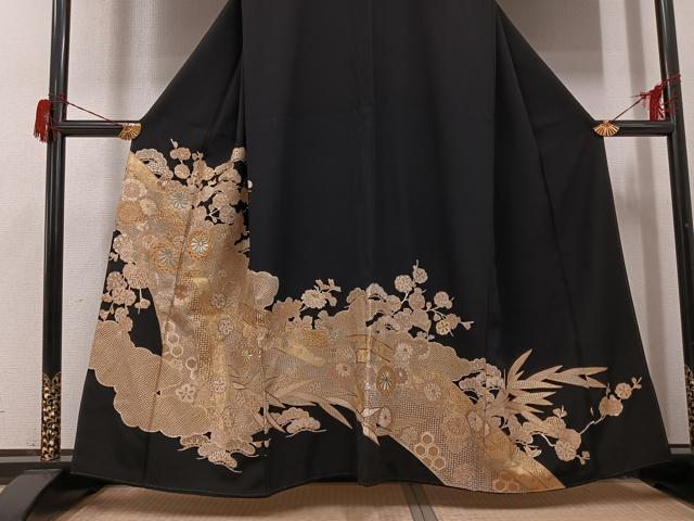 平和屋着物●豪華黒留袖　中国三大刺繍　汕頭刺繍　スワトウ刺繍　草花文　金彩　正絹　逸品　AABH6842ph