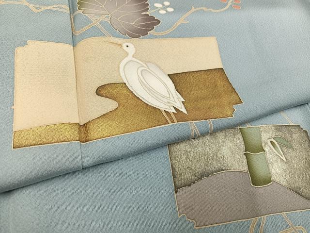 平和屋着物●訪問着　友禅　作家物　破れ色紙蔦の葉　鳥　草花　金彩　正絹　逸品　AABH6858ph