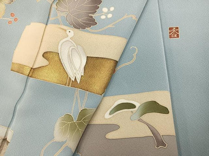 平和屋着物●訪問着　友禅　作家物　破れ色紙蔦の葉　鳥　草花　金彩　正絹　逸品　AABH6858ph