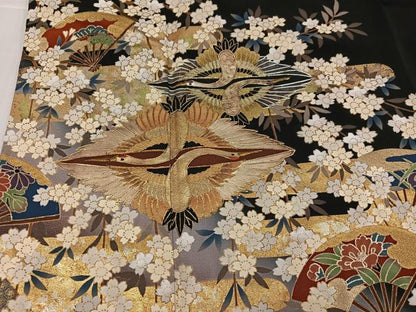 平和屋着物●女優・後藤久美子ブランド　黒留袖　駒刺繍　向かい鶴扇面草花文　金銀彩　正絹　逸品　AABH6860ph