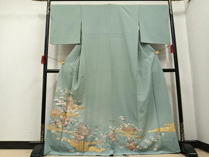 平和屋着物●豪華色留袖　友禅　駒刺繍　松竹梅　風景扇面草花文　暈し染め　金彩　正絹　逸品　AABH6861ph