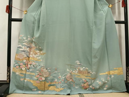 平和屋着物●豪華色留袖　友禅　駒刺繍　松竹梅　風景扇面草花文　暈し染め　金彩　正絹　逸品　AABH6861ph
