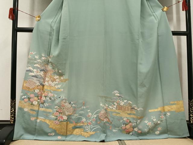 平和屋着物●豪華色留袖　友禅　駒刺繍　松竹梅　風景扇面草花文　暈し染め　金彩　正絹　逸品　AABH6861ph