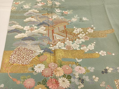 平和屋着物●豪華色留袖　友禅　駒刺繍　松竹梅　風景扇面草花文　暈し染め　金彩　正絹　逸品　AABH6861ph