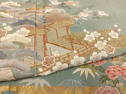 平和屋着物●豪華色留袖　友禅　駒刺繍　松竹梅　風景扇面草花文　暈し染め　金彩　正絹　逸品　AABH6861ph