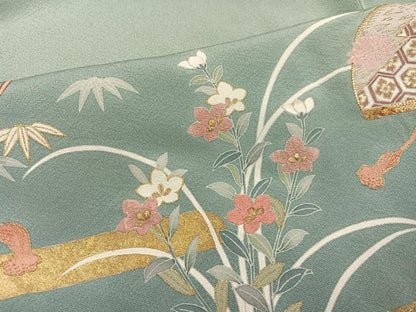 平和屋着物●豪華色留袖　友禅　駒刺繍　松竹梅　風景扇面草花文　暈し染め　金彩　正絹　逸品　AABH6861ph