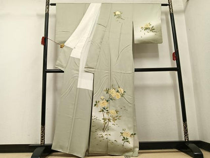 平和屋着物●漆工芸作家　金森一博　訪問着　手描き　枝花文　暈し染め　金彩　正絹　逸品　AABH6877ph