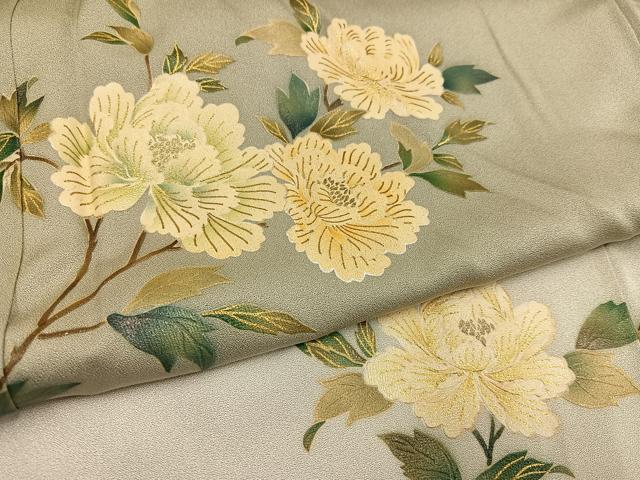 平和屋着物●漆工芸作家　金森一博　訪問着　手描き　枝花文　暈し染め　金彩　正絹　逸品　AABH6877ph 平和屋着物○漆工芸作家 金森一博 訪問着 手描き 枝花文 暈し染め 金彩