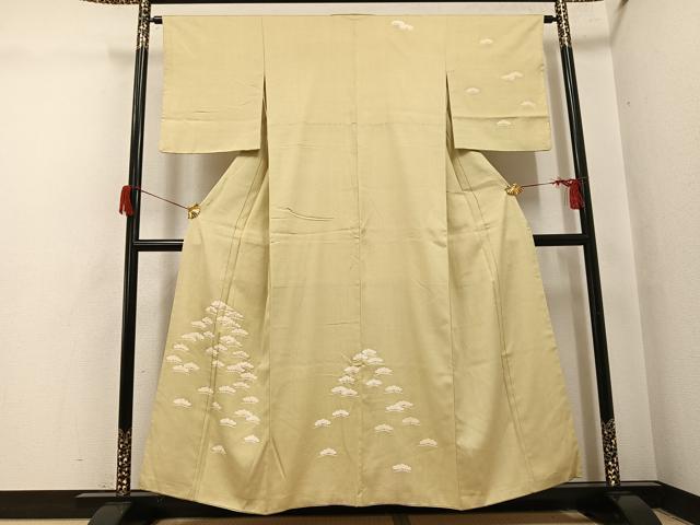 平和屋着物●訪問着　紬地　刺繍　松　金糸　正絹　逸品　AABH6878ph