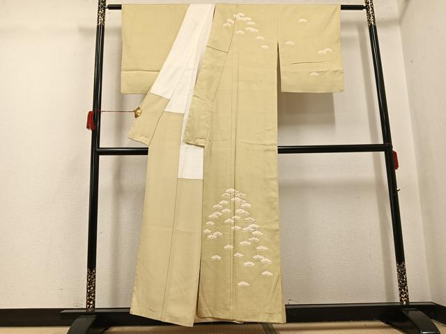 平和屋着物●訪問着　紬地　刺繍　松　金糸　正絹　逸品　AABH6878ph