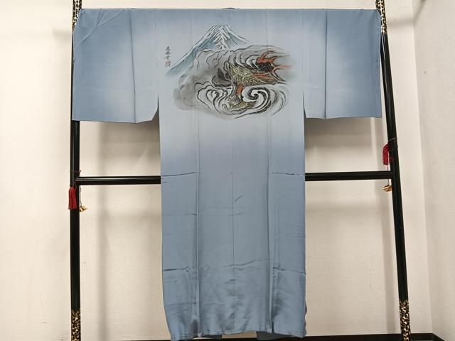 平和屋着物●男性　長襦袢　袷　富士山　龍　暈し染め　金彩　正絹　逸品　AABH6893ph