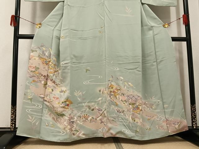 平和屋着物●創業460年・千總　訪問着　友禅　駒刺繍　流水草花文　暈し染め　金彩　正絹　逸品　AABH6894ph
