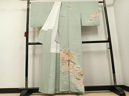 平和屋着物●創業460年・千總　訪問着　友禅　駒刺繍　流水草花文　暈し染め　金彩　正絹　逸品　AABH6894ph