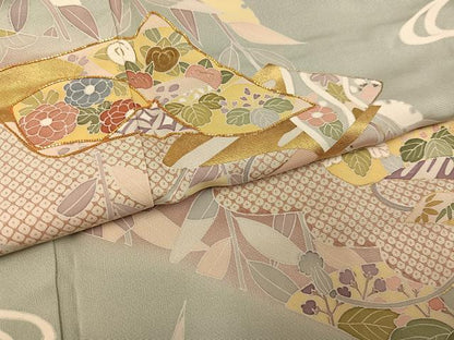 平和屋着物●創業460年・千總　訪問着　友禅　駒刺繍　流水草花文　暈し染め　金彩　正絹　逸品　AABH6894ph