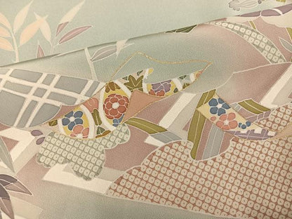 平和屋着物●創業460年・千總　訪問着　友禅　駒刺繍　流水草花文　暈し染め　金彩　正絹　逸品　AABH6894ph