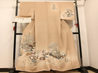 平和屋着物●訪問着　友禅　松竹梅風景草花文　丹後ちりめん　反端付き　正絹　逸品　AABH6900ph