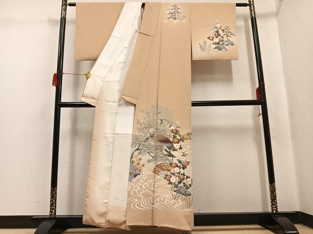 平和屋着物●訪問着　友禅　松竹梅風景草花文　丹後ちりめん　反端付き　正絹　逸品　AABH6900ph
