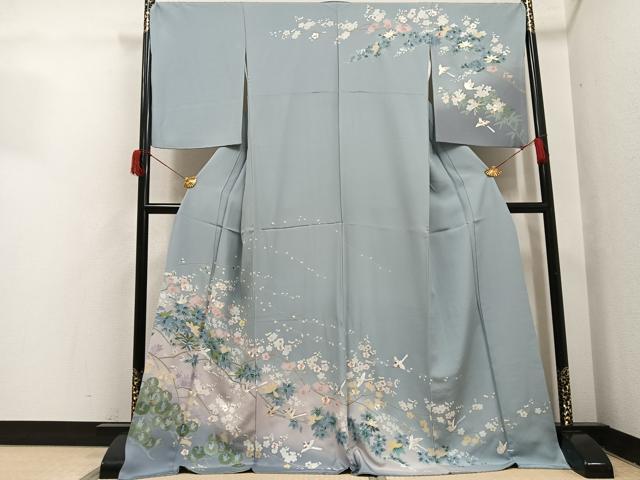 平和屋着物●訪問着　友禅　刺繍　花鳥文　暈し染め　金糸　ロング丈　正絹　逸品　AABH6949ph