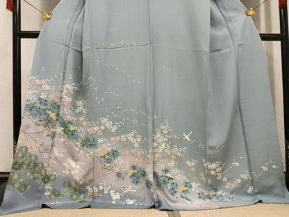 平和屋着物●訪問着　友禅　刺繍　花鳥文　暈し染め　金糸　ロング丈　正絹　逸品　AABH6949ph