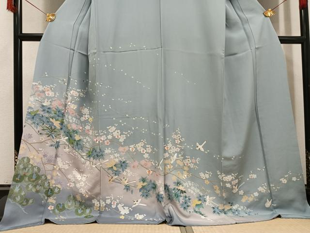 平和屋着物●訪問着　友禅　刺繍　花鳥文　暈し染め　金糸　ロング丈　正絹　逸品　AABH6949ph