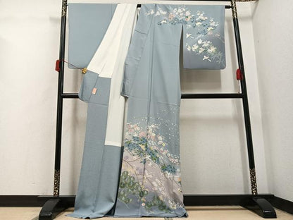 平和屋着物●訪問着　友禅　刺繍　花鳥文　暈し染め　金糸　ロング丈　正絹　逸品　AABH6949ph