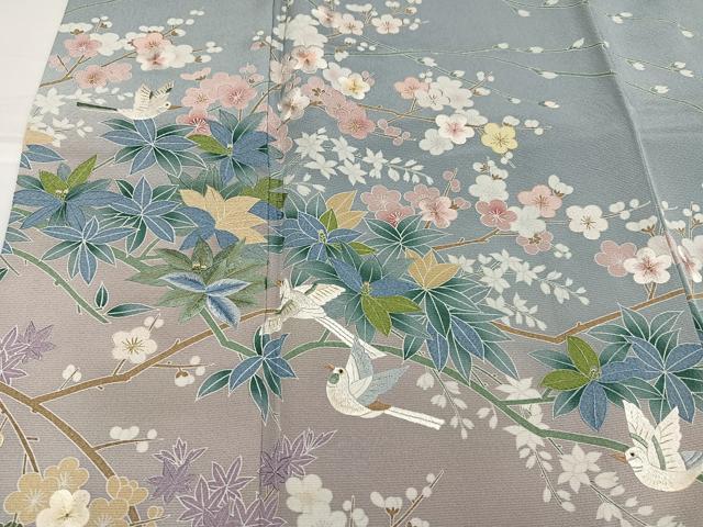 平和屋着物●訪問着　友禅　刺繍　花鳥文　暈し染め　金糸　ロング丈　正絹　逸品　AABH6949ph