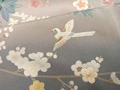 平和屋着物●訪問着　友禅　刺繍　花鳥文　暈し染め　金糸　ロング丈　正絹　逸品　AABH6949ph