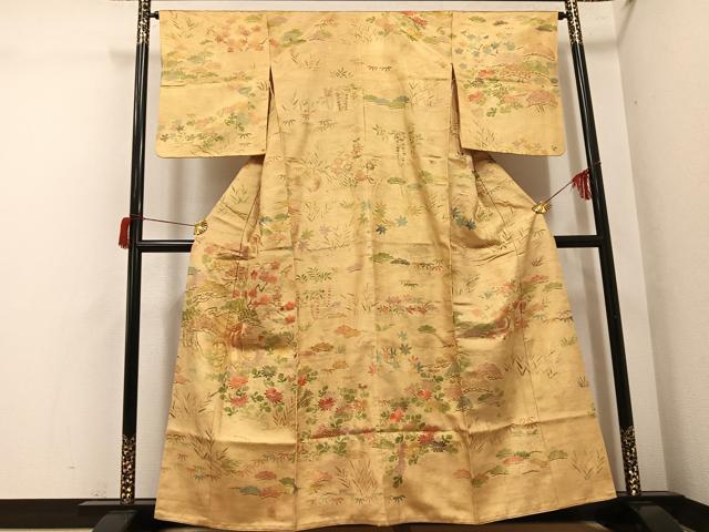 平和屋着物●訪問着　駒刺繍　御所車草花文　金彩　摺り剥がし　正絹　逸品　AABH6954ph