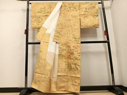 平和屋着物●訪問着　駒刺繍　御所車草花文　金彩　摺り剥がし　正絹　逸品　AABH6954ph