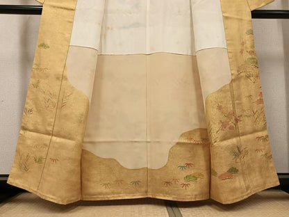 平和屋着物●訪問着　駒刺繍　御所車草花文　金彩　摺り剥がし　正絹　逸品　AABH6954ph