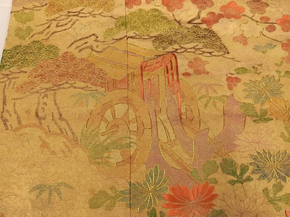 平和屋着物●訪問着　駒刺繍　御所車草花文　金彩　摺り剥がし　正絹　逸品　AABH6954ph
