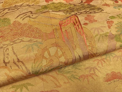 平和屋着物●訪問着　駒刺繍　御所車草花文　金彩　摺り剥がし　正絹　逸品　AABH6954ph