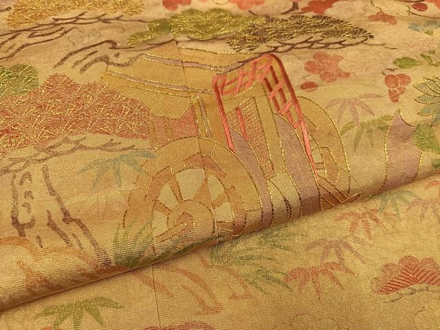 平和屋着物●訪問着　駒刺繍　御所車草花文　金彩　摺り剥がし　正絹　逸品　AABH6954ph