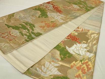 平和屋着物◎六通柄袋帯　唐織　風景文　金銀糸　正絹　逸品　AABH6965ou