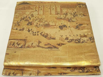 平和屋着物◎六通柄袋帯　人物風景文　引箔　正絹　逸品　AABH6976ou