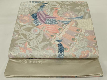 平和屋着物◎六通柄袋帯 唐織 孔雀更紗文 銀糸 正絹 逸品 未使用 AABH6981ou
