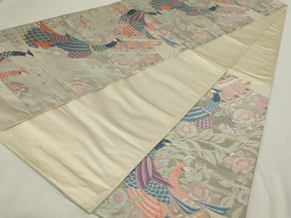 平和屋着物◎六通柄袋帯 唐織 孔雀更紗文 銀糸 正絹 逸品 未使用 AABH6981ou