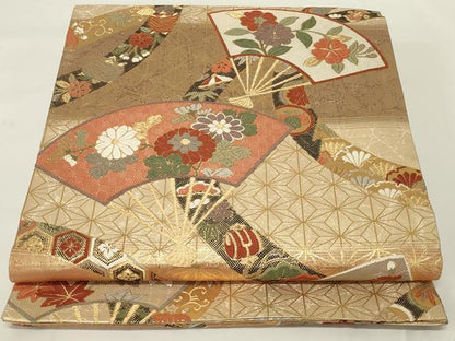 平和屋着物◎六通柄袋帯　唐織　扇面花文　金糸　正絹　逸品　AABH6982ou