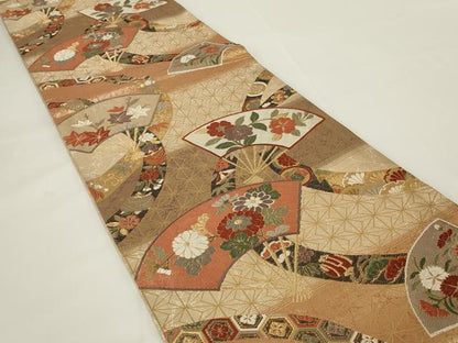 平和屋着物◎六通柄袋帯　唐織　扇面花文　金糸　正絹　逸品　AABH6982ou