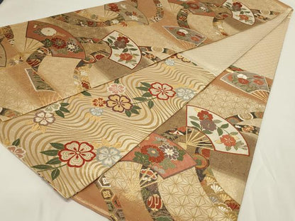 平和屋着物◎六通柄袋帯　唐織　扇面花文　金糸　正絹　逸品　AABH6982ou